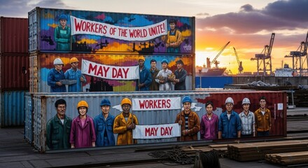 Fototapeta premium May Day murals depicting labor workers on shipping containers at a port