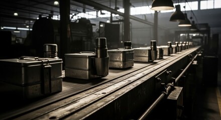Naklejka premium Metal lunch boxes moving along a conveyor belt in a dark factory