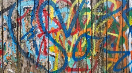 Obraz premium Close-up view of a weathered wooden fence covered in vibrant, multi-colored abstract graffiti and street art.