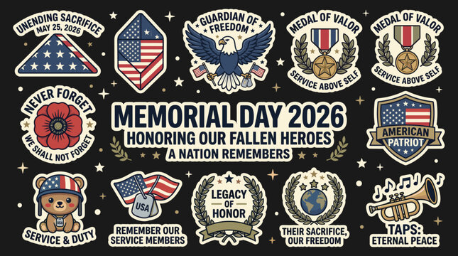 Memorial Day 2026 Honoring Fallen Heroes Sticker Badge Bundle Eagle Poppy Medal Flag Dog Tag Trumpet Patriotic Military Dark Background