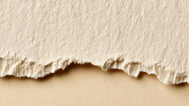 Torn paper edge texture on beige background, visible natural fibers and rough deckle edge, layered paper over warm neutral surface, soft studio lighting creating subtle shadow and depth, artisan