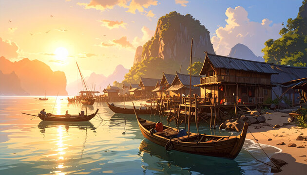 A scenic summer vacation view of fishing boats at sunset on the beach and river near a tropical Vietnam island harbor with clouds over the ocean bay