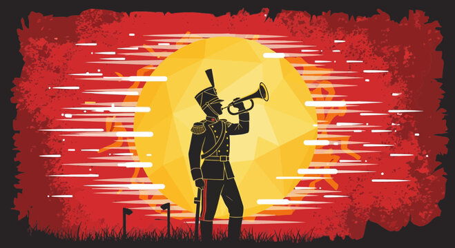 Military Cavalry Bugler Silhouette Playing Trumpet at Sunset