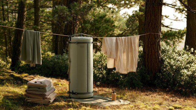 Outdoor laundry line in forest clearing, sunlight filtering through pines, vintage cylindrical washer beside stack of folded towels, cotton linens fluttering on line, soft breeze and dappled shade,