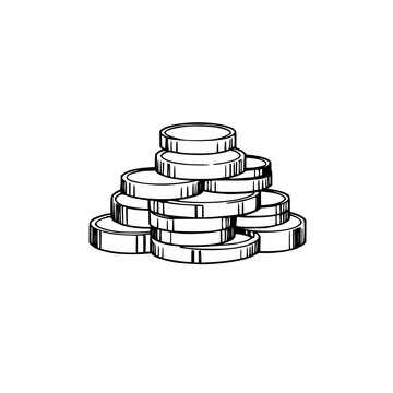 Coin pile set with stacked silver coins in minimalist 2D flat design featuring wealth, savings, iconography with simple line art and white background