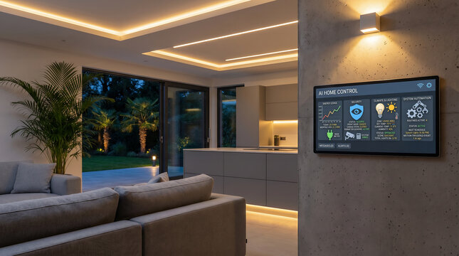 Smart home control panel mounted on concrete wall in modern open plan living room with kitchen and copy-space for design. Building automation IoT technology. Intelligent system connectivity copy-space