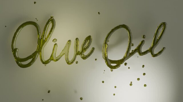 Olive oil animated splash text, liquid typography motion graphic. Rich golden fluid characters illustrating gourmet, premium, healthy foods concept. 3D animation render with blank copy space for text.