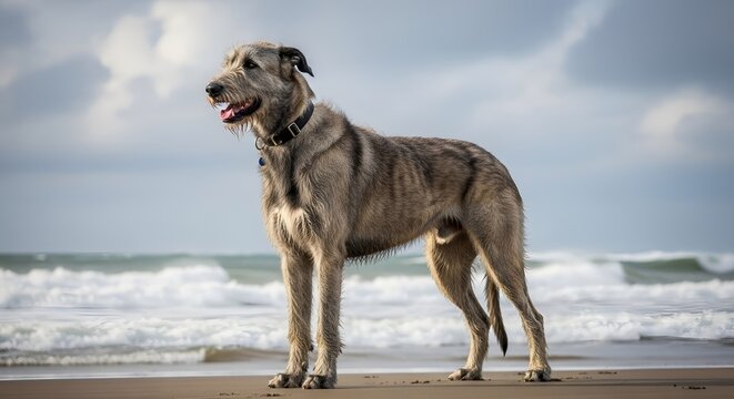 An Irish Wolfhound standing proudly on a sandy beach by the ocean.