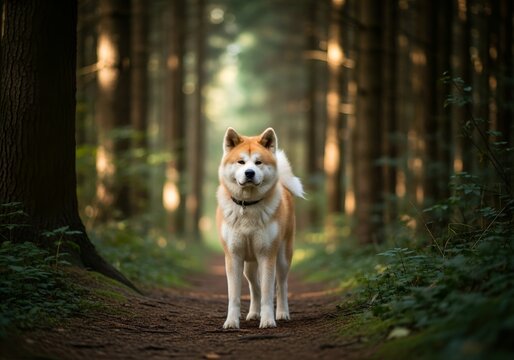 An Akita dog standing on a path in a dark forest.