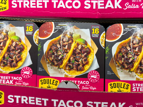 Prosper, Texas, USA - May 06th, 2026: Soules Kitchen Street Taco Steak kits with salsa roja in cardboard display at local Costco retail warehouse