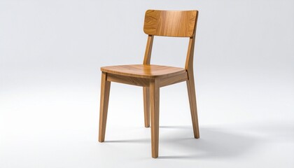 Fototapeta premium A wooden chair stands alone in a room with minimal decor and lighting effects.