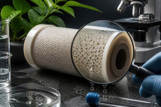 Laboratory filtration membrane with microscope and glassware for research and quality testing