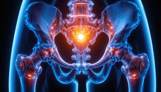 Human Pelvis Anatomy X-Ray Illustration with Bright Orange Glow Highlighting Nerve Connections and Bone Structure