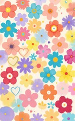 Naklejka premium Vibrant colorful flowers in a cheerful pattern with hearts and stars
