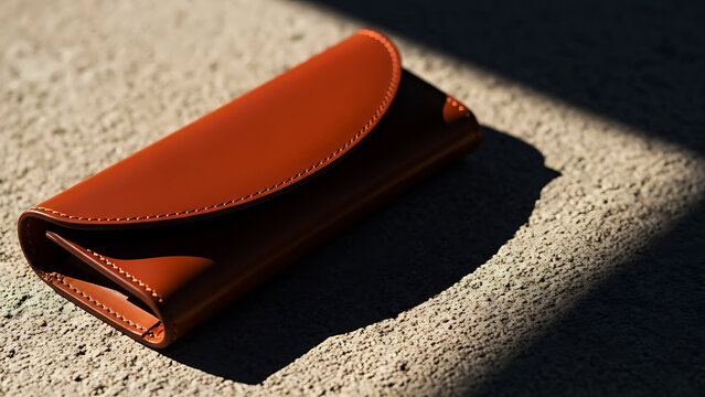 Brown leather wallet with stitching on textured concrete surface accessory