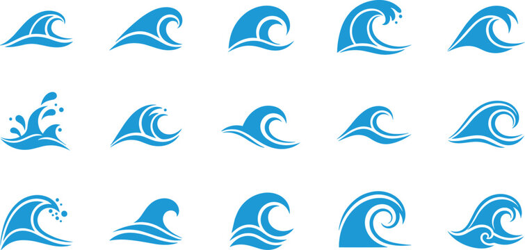 Ocean Wave Icon Set with Blue Water Splash Symbols, Sea Surf Shapes, and Abstract Marine Motion Elements for Coastal and Summer Design