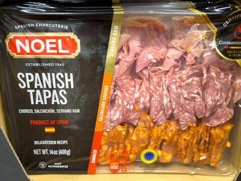 Prosper, Texas, USA - May 06th, 2026: Noel Spanish tapas variety pack including chorizo and salchichon sausage at local Costco retail warehouse