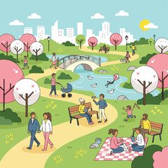 Fototapeta premium Spring City Park Scene with People Relaxing and Enjoying Outdoors