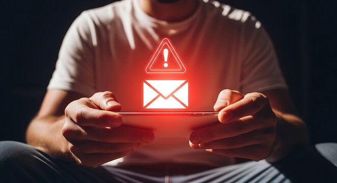 Person holding smartphone with glowing red alert symbol and email warning notification message