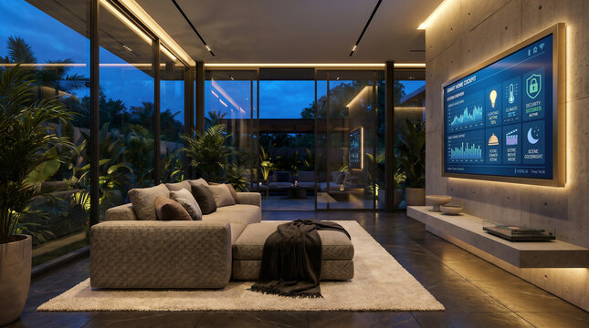 Luxury interior of modern living room at night featuring large smart home cockpit display on wall with garden view. Building automation IoT technology. Intelligent system connectivity with copy-space.
