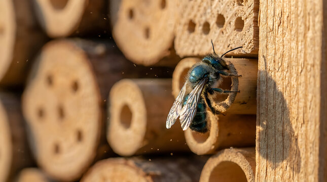 A Blue Mason Bee Emerges from its Nest in a Bamboo Habitat