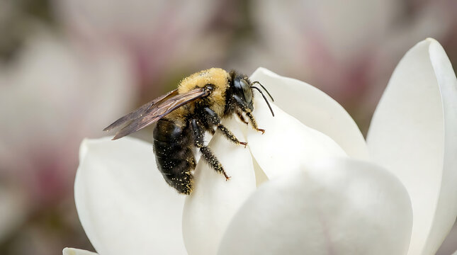 A fuzzy carpenter bee gathers nectar from a delicate white magnolia bloom in spring