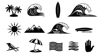 Fototapeta premium Beach, Summer, Vacation Icons, Black Vector Set, 13 Symbols