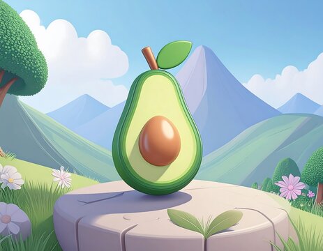 Animated avocado icon with pit, leaves, and stem displayed on a stone platform, in a stylized landscape with rolling hills