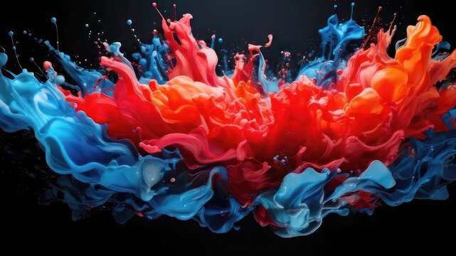 Vivid abstract art of colliding blue, red, and orange fluids, against a dark backdrop
