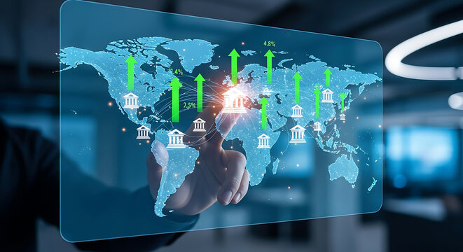 Hand touching glowing world map with rising green arrows and bank icons global finance