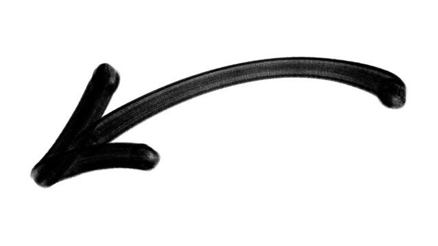 Curved black arrow pointing left in hand drawn marker style. Creative urban directional element for modern streetwear graphic design.
