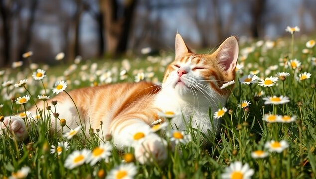 Orange And White Cat Sleeping Peacefully On A Bed Of White Daisies