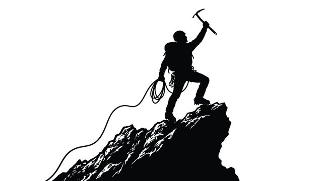 Silhouette of a determined mountain climber standing triumphantly on the sharp peak of a rocky summit while holding an ice axe high in the bright air