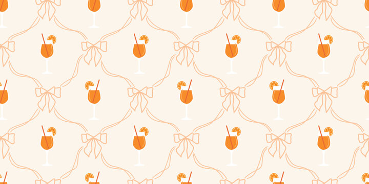Coquette Seamless Pattern with Hand Drawn Drink and Bow. Whimsical Summer Mediterranean Elegant Background. Vintage Trandy Design for Fabric, Wrapping Paper, Wallpaper