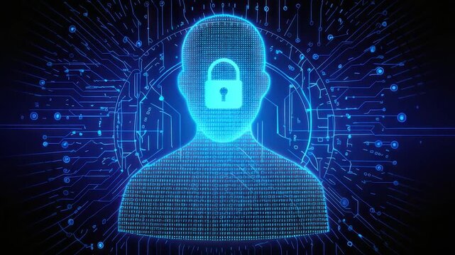 A digital human silhouette with a lock overlay, surrounded by circuitry and binary code