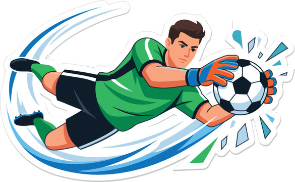 Cartoon goalkeeper diving horizontally to catch football with glowing blue green motion streaks dynamic sports poster action