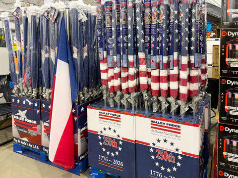 Prosper, Texas, USA - May 06th, 2026: Valley Forge flag kits celebrating nation 250th anniversary at local Costco retail warehouse