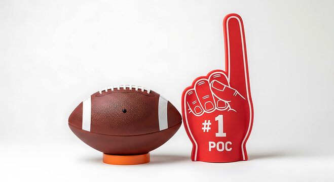 Brown football with white stripes next to red foam finger with number one and poc text