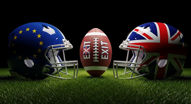 Football helmet with E U and U K flags and a ball labeled E X I T between them desig