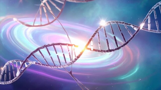 Abstract 3D rendering of DNA strands set against a cosmic, swirling galaxy background