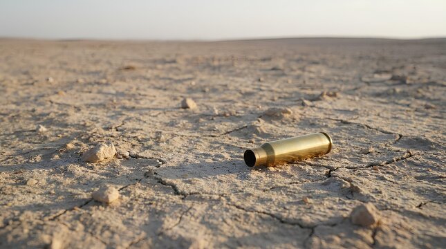 A single polished brass shell casing resting on the surface of a desolate, parched earth landscape, capturing a cinematic scene of abandoned military remnants in an arid desert environment, wide angle