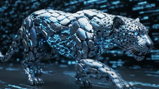 Futuristic robotic leopard on digital background, AI and technology concept