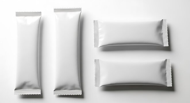Four blank white foil snack bar wrappers on white background image