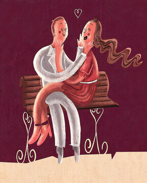 Sweet Couple in Love on Ornate Bench Cartoon Art
