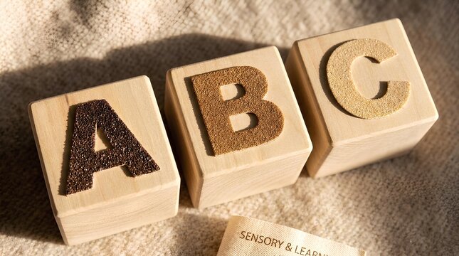 Educational wooden blocks featuring tactile sandpaper letters for early childhood development, showcasing a wide cinematic perspective of sensory learning materials on a soft textured fabric backgroun