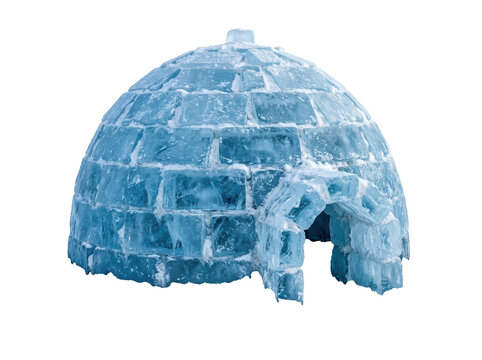 A detailed igloo constructed from ice blocks stands isolated against a clean white background, showcasing a cool blue and white palette.