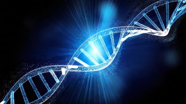 Glowing blue DNA double helix with lightburst against dark background