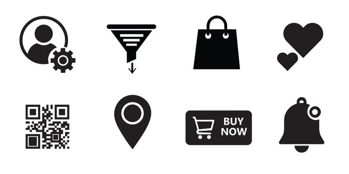 Shopping and e-commerce icon set. Web interface buttons for buy now, filter, user account, location, and notification, black silhouette flat vector isolated.