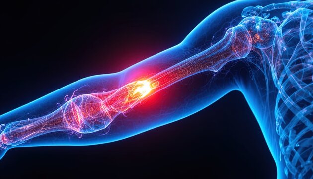 Arm Pain Illustration: Human Arm with Visible Bones and Joints, Showing Red Pain Spot on the Forearm, 3D Rendering