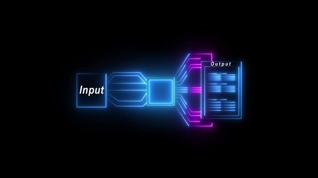 Depiction of Simple of input Workflow with Ai and made the output which are desired neon on black background.Automate daily Tasks Smart AI solutions improve repetitive work.4k animation. 4k video...